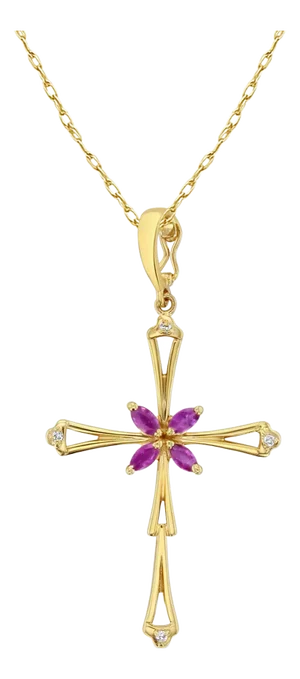 Vintage Marquise Ruby Cross with Diamond accents 14k Yellow Gold 16"