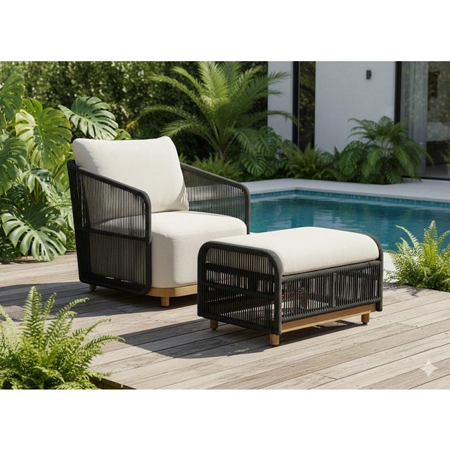 Alpine Teak Wood Outdoor Arm Chair With Black Rope Design For Sale - Image 10 of 10