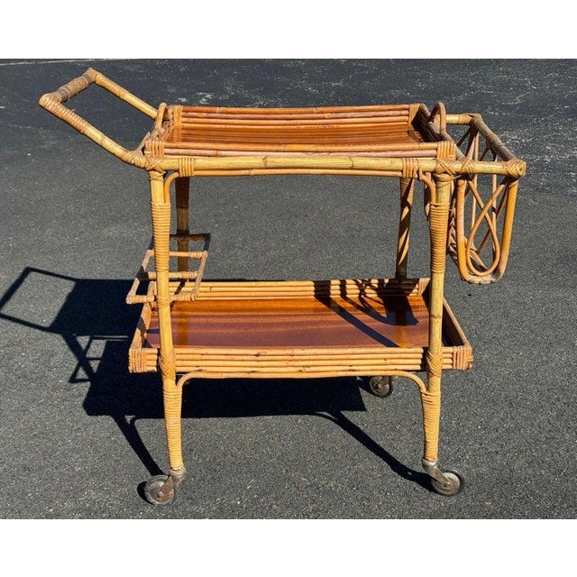 1970s Italian Vintage Wicker Bar Cart For Sale - Image 5 of 12