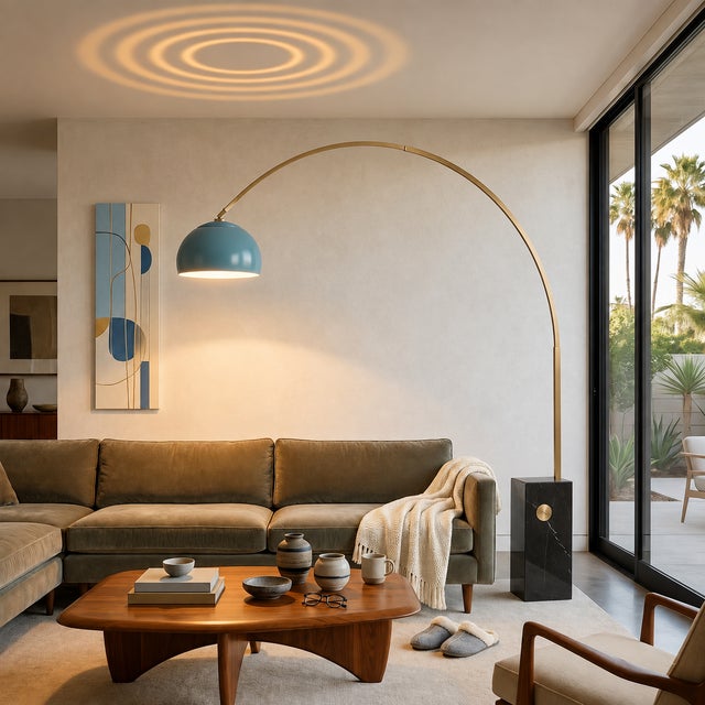 Iconic 95" Arc Floor Lamp, Mid-Century Modern, Weathered Brass, Pool Blue Shade For Sale In Los Angeles - Image 6 of 9