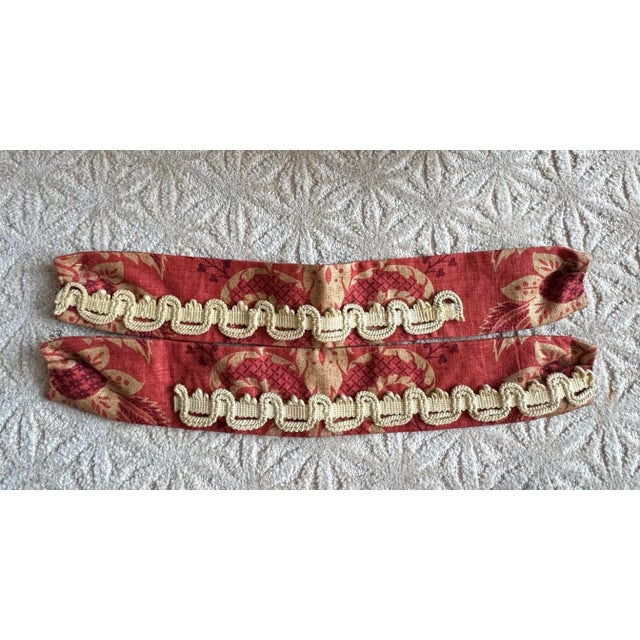 Brick Red Custom Made Designer Drapery Red Panels Linen Gold Damask Pinch Pleat , Interlined 68 X 94 Pair,Tiebacks New For Sale - Image 8 of 11