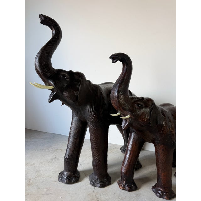 Brown Vintage Safari Style Oversized Leather Elephant Sculptures With Raised Trunks – A Pair For Sale - Image 8 of 18