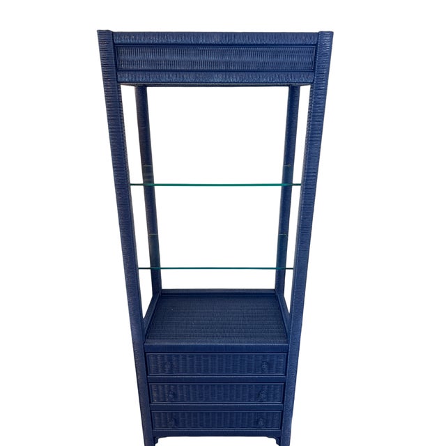 Pair of Henry Link étagères, freshly lacquered in Benjamin Moore’s striking Old Navy. One features three spacious drawers...