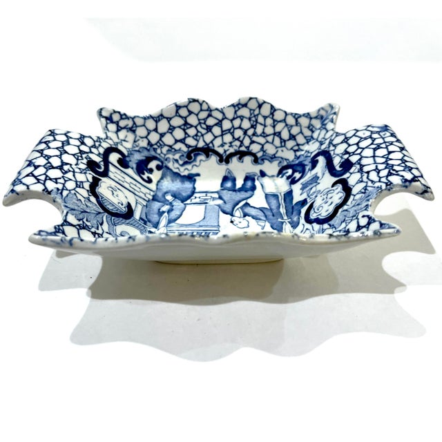 Ceramic Rare 1920's Blue & White Adams Chinese Bird With People Scalloped Pickle Dish For Sale - Image 7 of 10