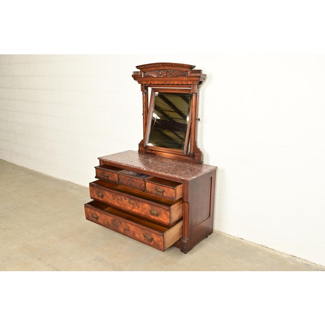 Herter Brothers Style Antique Eastlake Victorian Carved Burled Walnut Marble Top Dresser With Mirror, Circa 1880s For Sale In South Bend - Image 6 of 17