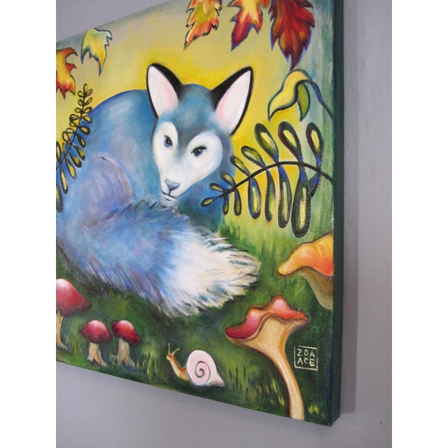 Blue Fox by Zoa Ace | Oil on Canvas Blue fox resting among ferns and mushrooms. For Sale - Image 4 of 5