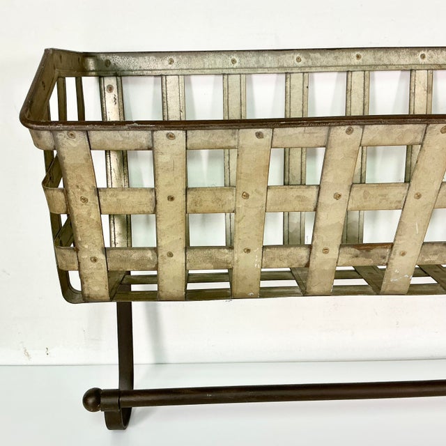 Metal 1970s Vintage Farmhouse Boho Chic Rustic Tin Wall-Mounted Basket Shelf With Towel Bar. For Sale - Image 7 of 18