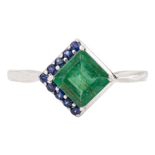 Carat&her 925 Silver Tilted-Square Emerald With Sapphire Promise Ring - Size 7 For Sale