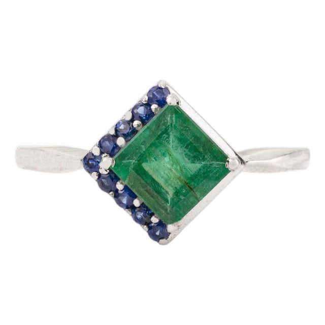 Carat&her 925 Silver Tilted-Square Emerald With Sapphire Promise Ring - Size 7 For Sale