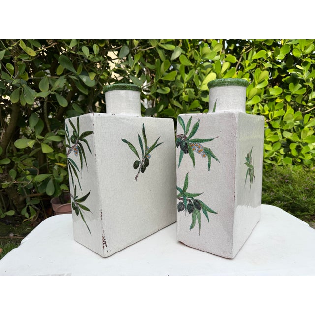 Antique Hand-Painted Olive Motif Crackle Glazed Pottery Vessels, Pair For Sale - Image 4 of 14
