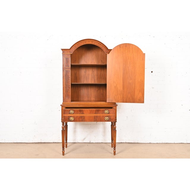 1930s Flint & Horner Antique French Regency Louis XVI Flame Walnut and Burl Wood Bar Cabinet or Bookcase, Circa 1930s For Sale - Image 5 of 15