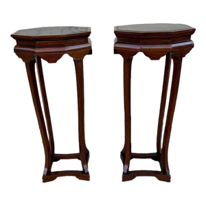 Pair of Maitland Smith Chinoiserie Style Solid Mahogany Faux Marble Hexagonal Top Plant Stands
