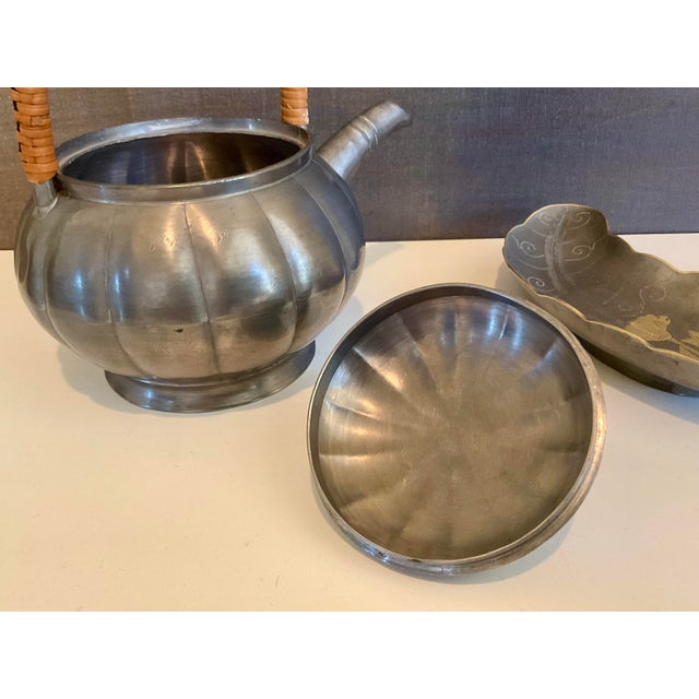 Vintage Art Deco Pewter Set, Teapot & Lotus Leaf Dish - Set of 2 For Sale - Image 12 of 13