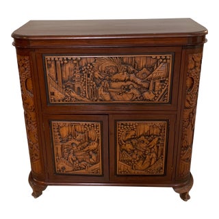 1960s Mid Century Hand Carved Chinese Bar Cabinet For Sale