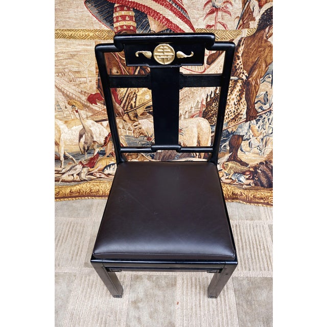 Black Early 20th Century Black Lacquer Chinese Influence Charcoal Leather Dining Chairs- Set of 4 For Sale - Image 8 of 13