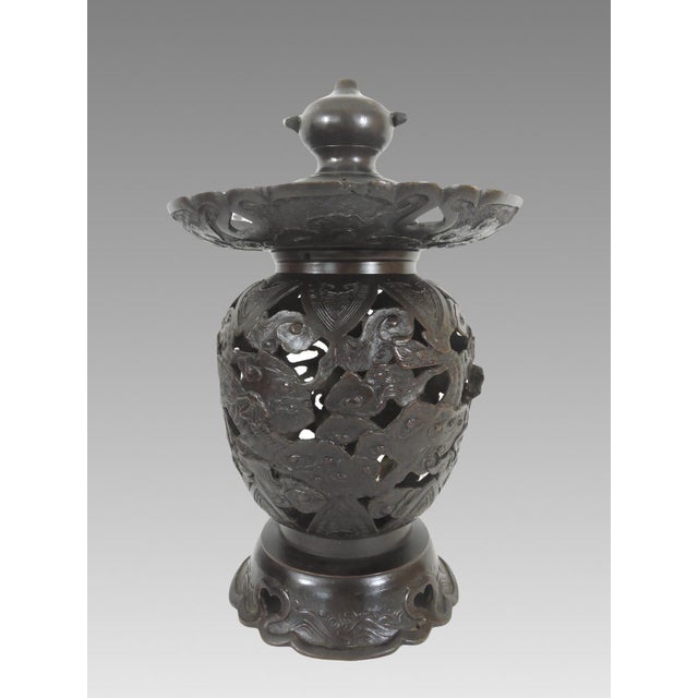 Old Japanese Bronze Reticulated Censer / Candle Lamp With Dragons and Clouds, Lantern, 2 Part For Sale In Tampa - Image 6 of 10