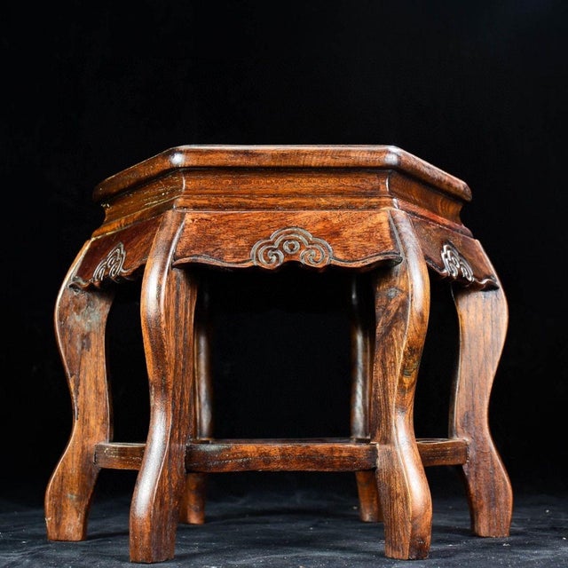 1980s Vintage Chinese Rosewood Hexagonal Stool / Mother of Pearl Inlay Plant Stand For Sale - Image 5 of 9