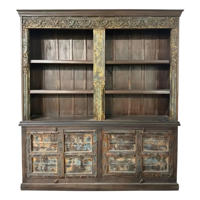 1970s Door & Carvings Repurposed Farmhouse Style 96" Tall Bookcase Cabinet For Sale