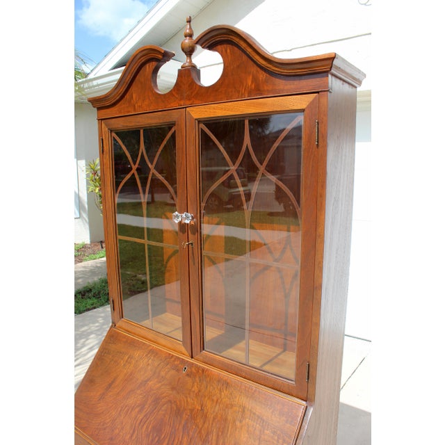 Brown Vintage Georgian Revival Flame Mahogany Secretary Desk Bookcase With Glass Doors, Circa 1940s–1950s For Sale - Image 8 of 18