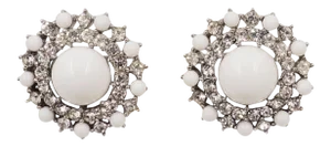 Vintage 1950s Signed Crown Trifari Rhodium Plated White Cabochon & Clear Rhinestone Clip Earrings - 2 Pieces