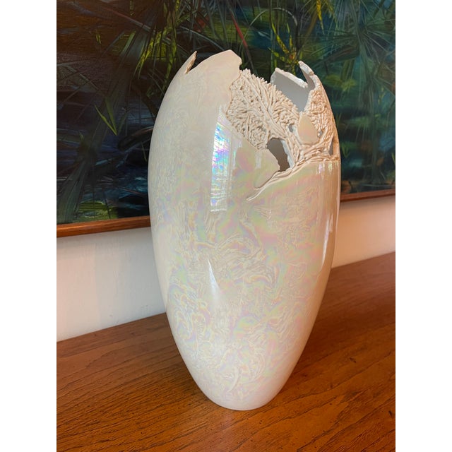 Vintage 1996 Signed 16” Iridescent Studio Pottery Vase For Sale In Naples, FL - Image 6 of 9
