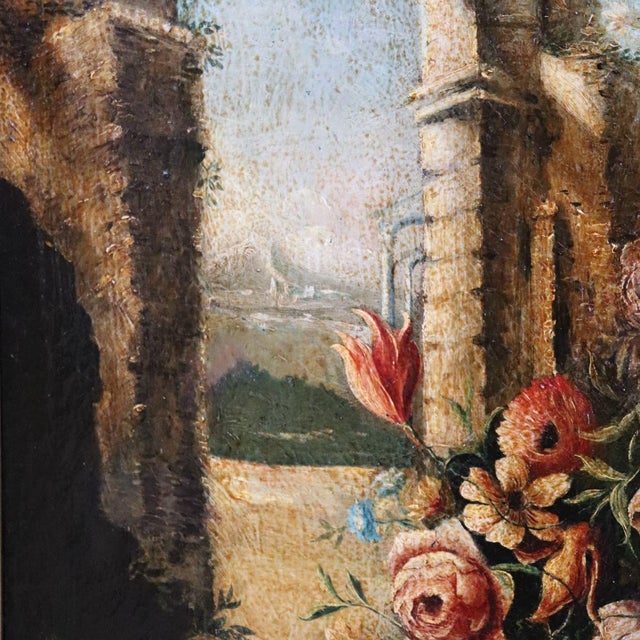 Still Life with Flowers, Fruits and Architectural Elements, 1800s, Oil Painting on Canvas, Framed For Sale - Image 5 of 16