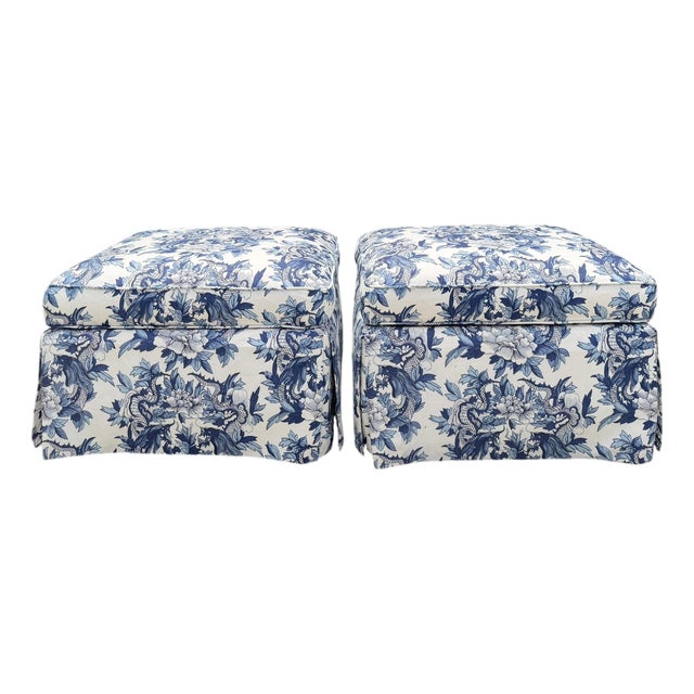 Vintage Baker Ottomans Upholstered in Ralph Lauren Nanking Dragon Fabric, a Pair For Sale