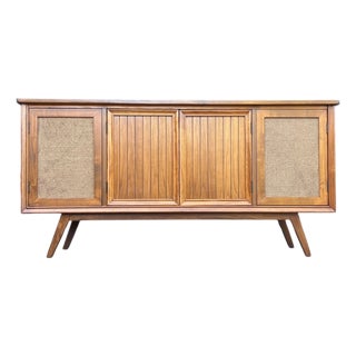Restored Mid-Century Modern Walnut Media Console With Cane & Tambour Doors For Sale