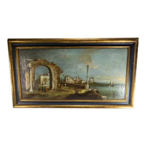 19th Century Italian Capriccio Architectural Landscape Oil Painting After Francesco Guardi