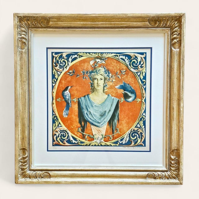 Colored lithograph on paper by Belgian artist Tony Van Goolen, depicting a Roman woman wearing a laurel wreath. Numbered...