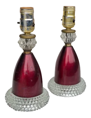 Antique Victorian Cranberry Boudoir Glass Hobnail Lamps - a Pair