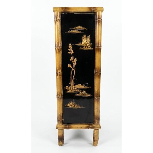 Vintage Black Lacquer & Faux Bamboo Chinoiserie Narrow Accent Cabinet With Mother-of-Pearl Inlay For Sale - Image 4 of 10