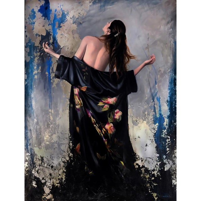 Emergence by Brian O'Neill | Oil on panel with White Gold and Silver Leaf woman in flowing black robe For Sale