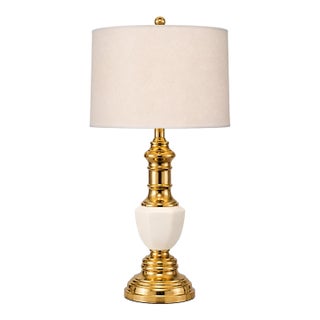Vintage Brass & Milk Glass Table Lamp | Polished Brass Column With New 16” Drum Shade For Sale