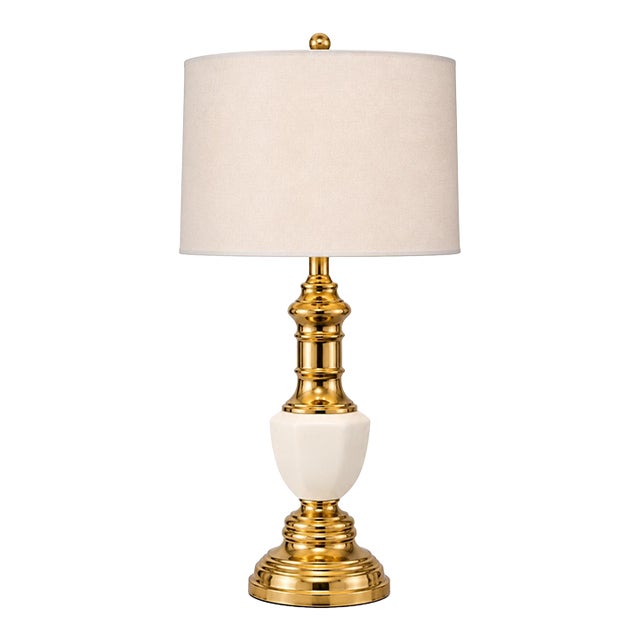 Vintage Brass & Milk Glass Table Lamp | Polished Brass Column With New 16” Drum Shade For Sale