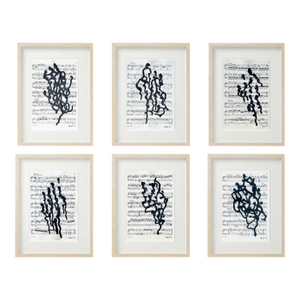 Natural Wood Shadow Box Framed Original Drawings 'Black and White Floral Abstractions on Music Score Sheets' #5 - Wall Gallery Installation - Set of 6