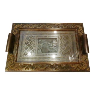 Vintage Artisinal Konjic Wood & Glass Old Mostar Bridge Tray For Sale