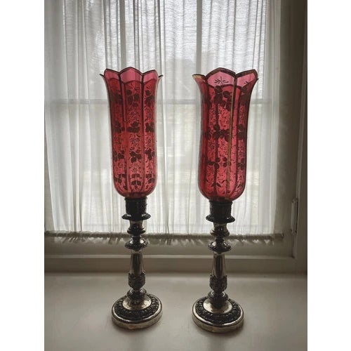 Pair of Antique Silver Plate Candle Holders With Red Glass Mary Gregory Hurricanes For Sale In Minneapolis - Image 6 of 12