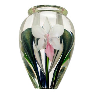 Scott Bayless Lotton Studios Signed Hand Blown Art Glass Orchid Vase For Sale