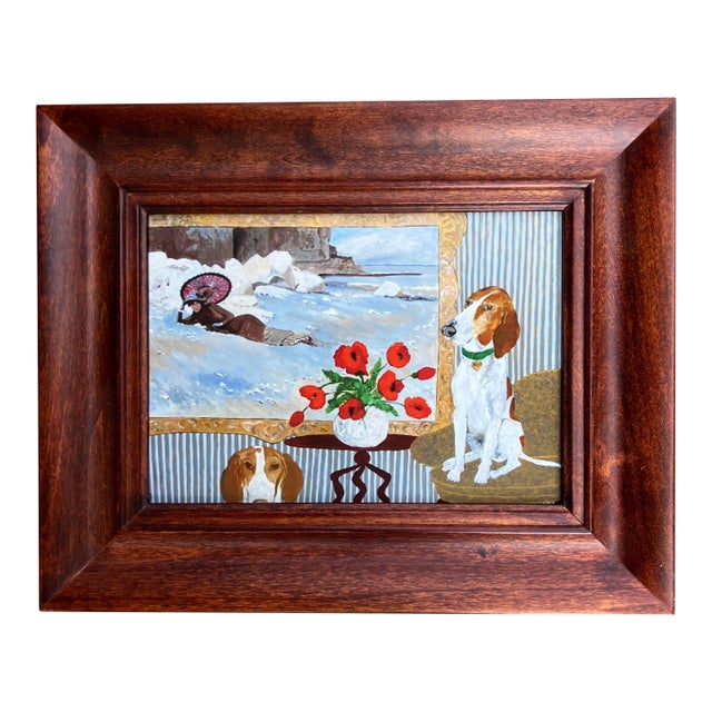 Contemporary Foxhound Small Dog Print by Judy Henn Overall Size”Just Another Dog Day Afternoon “ Wood Frame For Sale