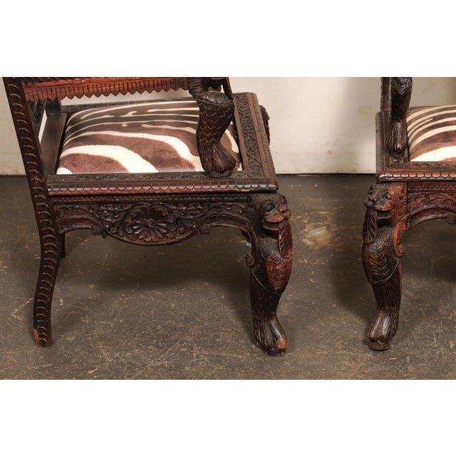 Coffee Mid 20th Century Elaborately-Carved Armchairs with Zebra-printed Seats For Sale - Image 8 of 12