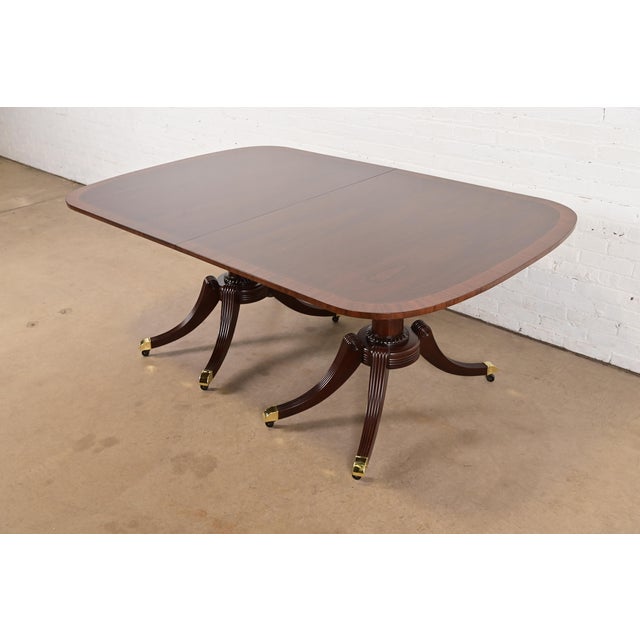 Brown Baker Furniture Georgian Banded Mahogany Double Pedestal Extension Dining Table, Newly Refinished For Sale - Image 8 of 13