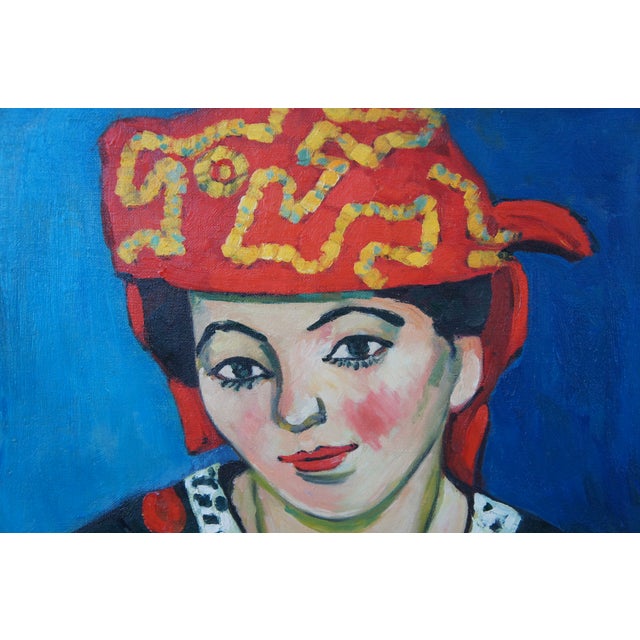 Late 20th Century The Red Madras Headdress Portrait Oil Painting After Henri Matisse Framed For Sale - Image 6 of 11