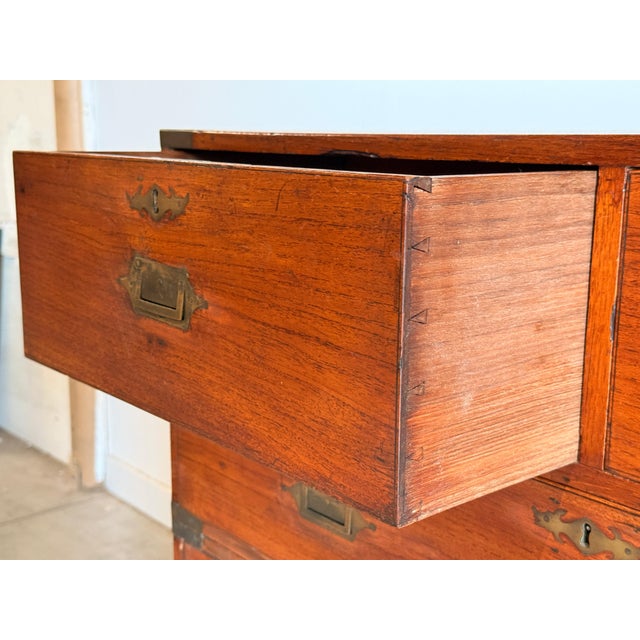 Mid 19th Century Antique 19th Century Anglo-Indian Two-Part Campaign Chest of Drawers W/ Brass Hardware For Sale - Image 5 of 18