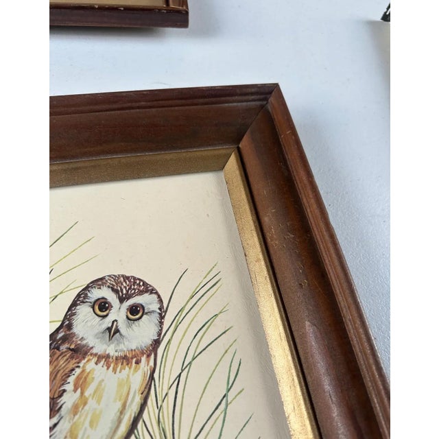 1970s Pair of Owl Paintings in Wooden Frames, Signed by Artist For Sale - Image 4 of 7