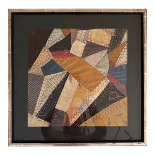 Antique Americana 1885 Crazy Quilt Framed Textile Art in Black, Blue, Gold & Cream For Sale