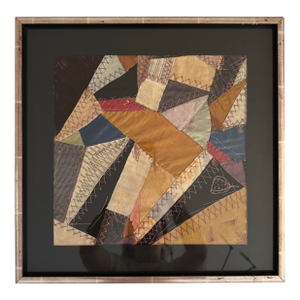 Antique Americana 1885 Crazy Quilt Framed Textile Art in Black, Blue, Gold & Cream