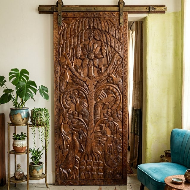 Vintage Tree of Life Carved Sliding Barn Door – Reclaimed Wood Rustic Statement Door Panel 84x36 For Sale In Orlando - Image 6 of 6