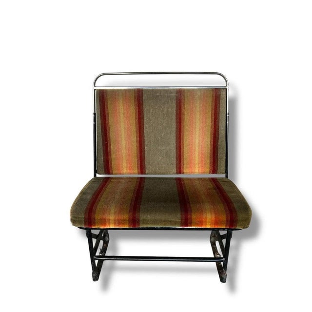 Rustic Vintage Industrial Bench with Striped Upholstery For Sale - Image 3 of 8