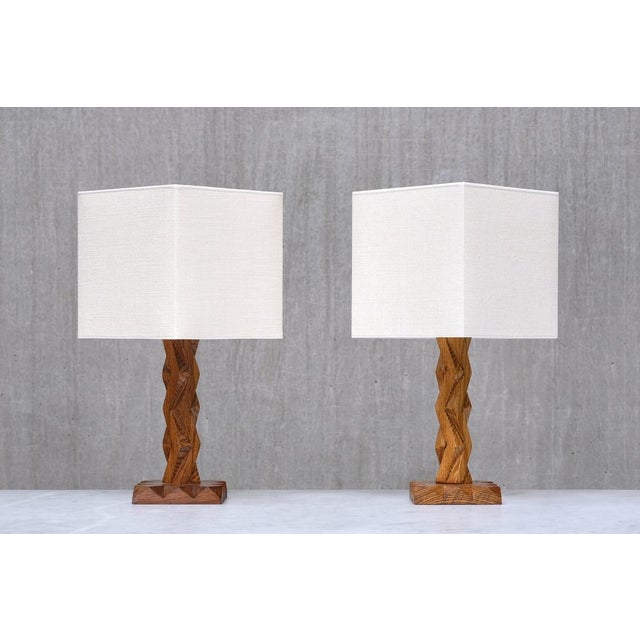 French Art Deco Geometric Oak Table Lamp with Linen Shade, Late 1930s For Sale - Image 12 of 14